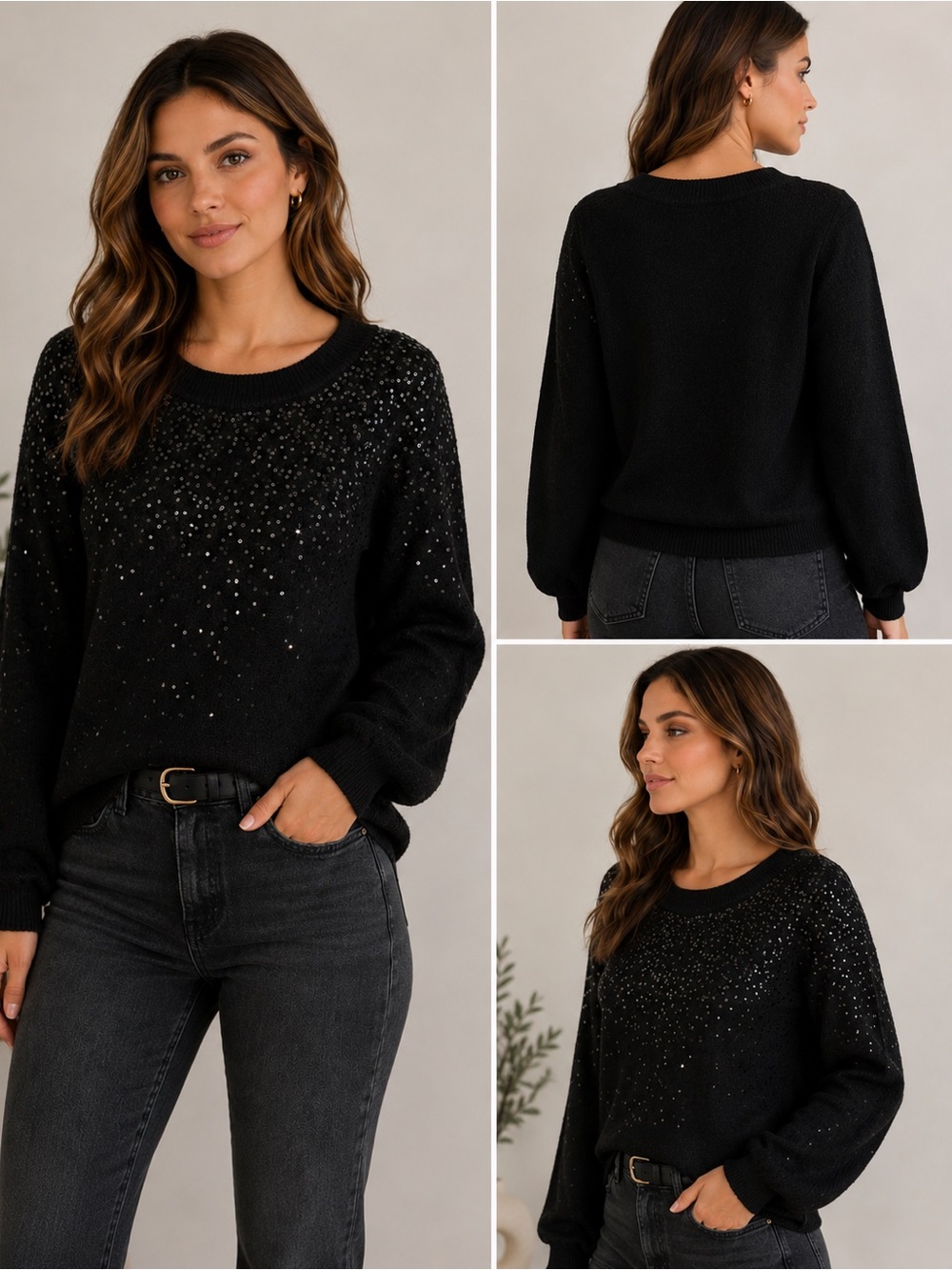 Vince Camuto Black Sparkle Crewneck Sweater